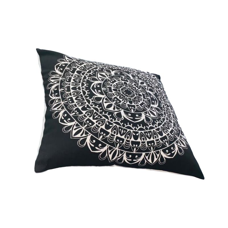 20 x 20 Square Cotton Accent Throw Pillows, Mandala Pattern, Set of 2, Black, White-Benzara