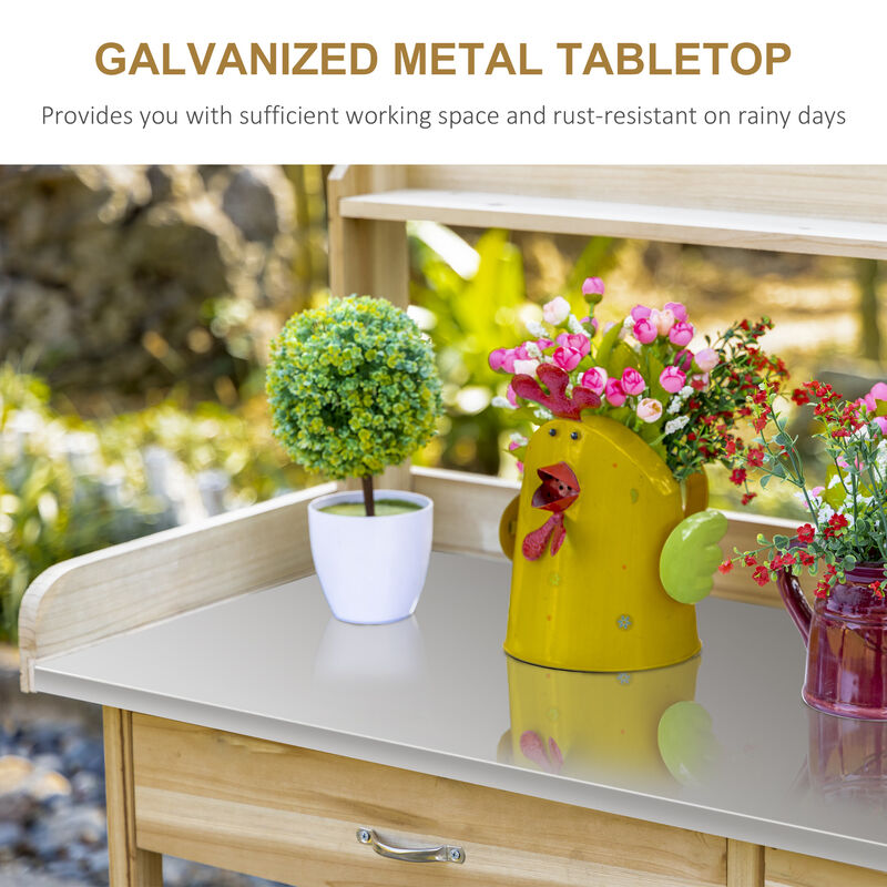 Outsunny Outdoor Potting Bench Table, Garden Work Station with Storage Cabinet, Open Shelf and Steel Tabletop, Natural