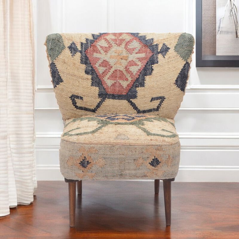 Hivvago 26 Inch Beige Blue and Red  Jute Southwestern Wingback Chair