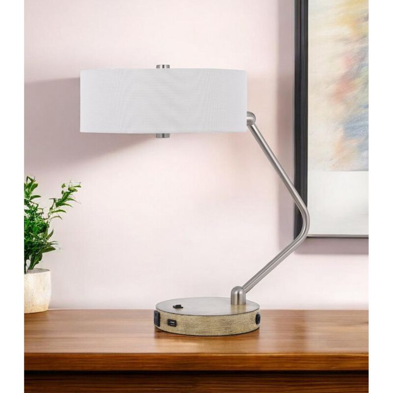 Hivvago 20" Brown Metal Two Light Lantern Desk USB Table Lamp With White Drum Shade