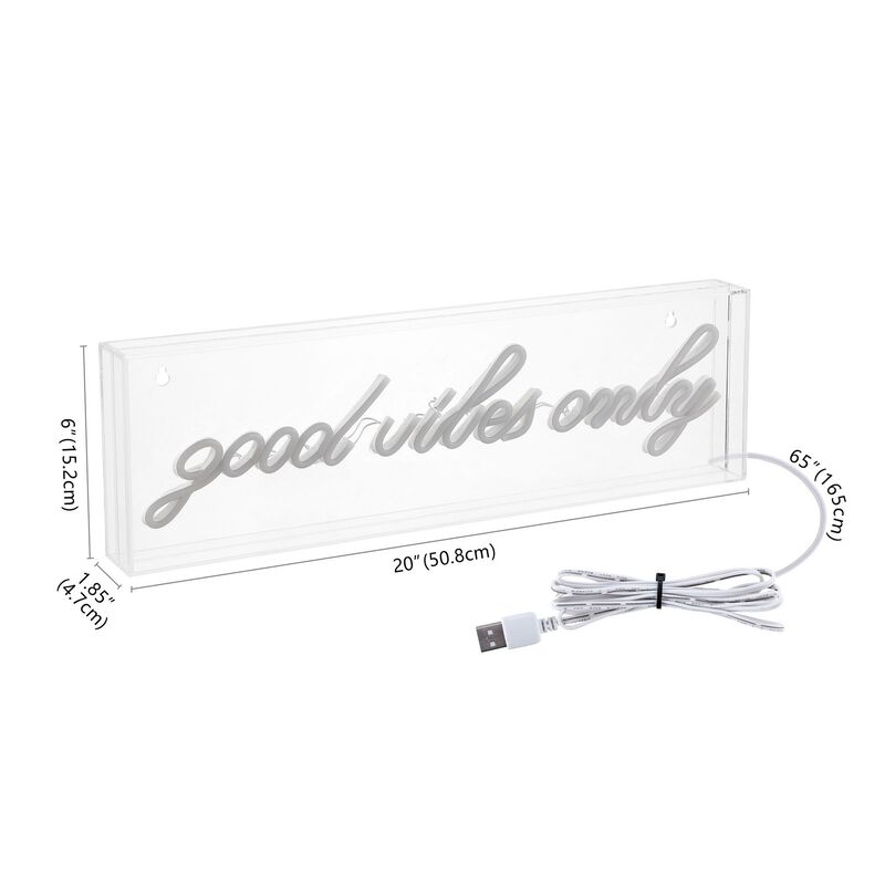Good Vibes Only 20" X 6" Contemporary Glam Acrylic Box USB Operated LED Neon Light, Yellow