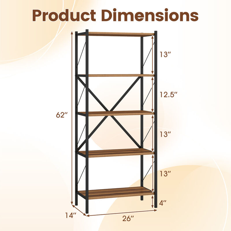 Modern 5-Tier Bookshelf Industrial Bookcase Metal Frame Storage image number 2