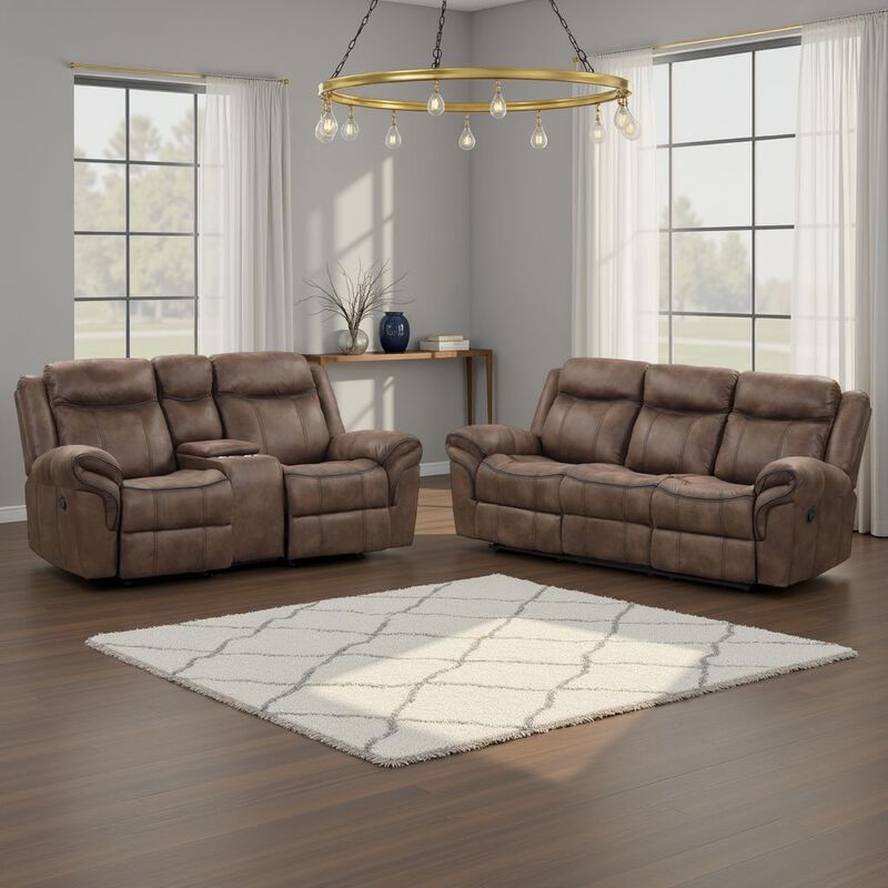 Arisa Sofa and Loveseat Manual Recliner Set, Brown Faux Leather, Drop Table - Benzara