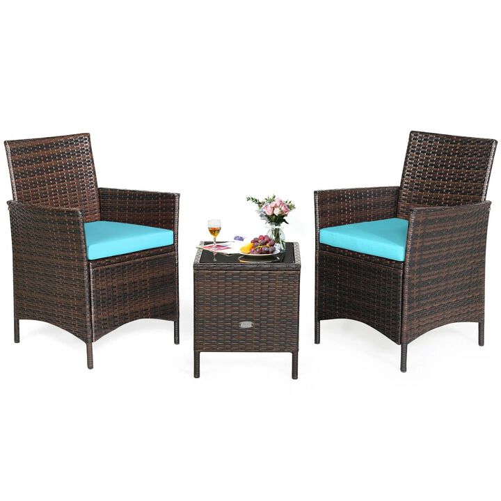 Mondawe 3 Pieces Patio Cushioned Rattan Converstaion Set With Glass Table Top