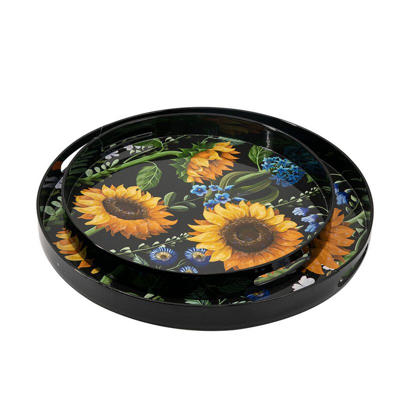 2 Piece Modern Decorative Trays, Round Plastic Frame, Sunflower Motifs  - Benzara