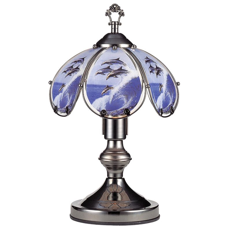 Umbrella Shade Glass Table Lamp with Dolphin Print, Silver-Benzara