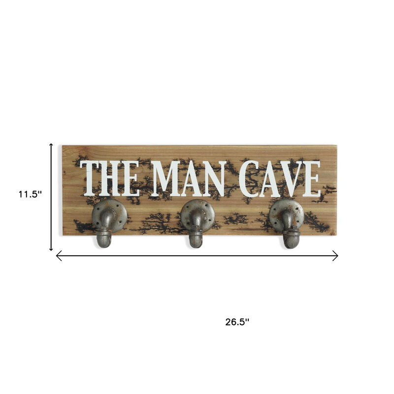 HomeRoots 12" X 27" Natural Silver And White Man Cave Metal And Wood Wall Decor With Hooks image number 2