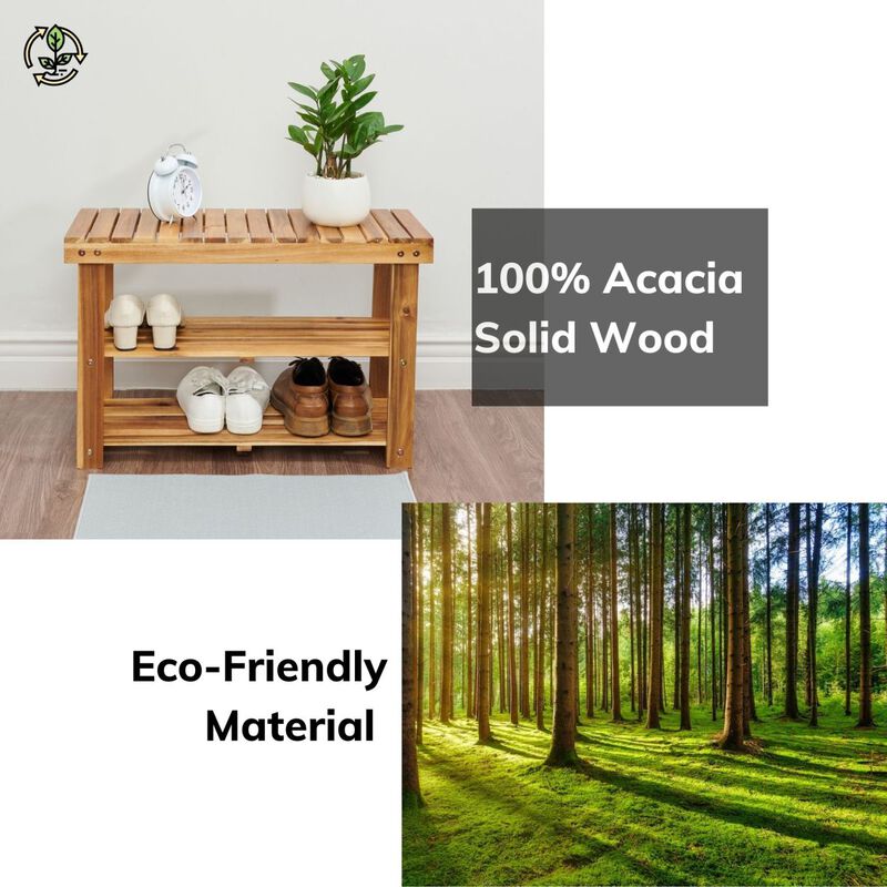 Acacia Wood Shoe Rack Bench Strong Weight Bearing Upto 200 LBS Best Ideas For Entryway Front Door Bathroom, Natural Color