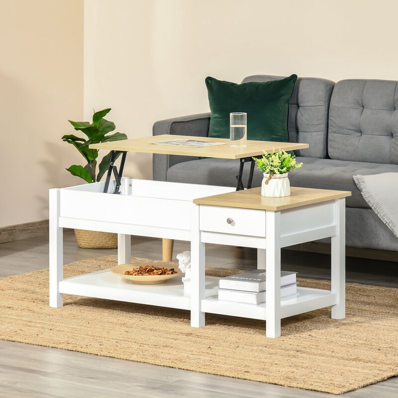 43" Lift Top Coffee Table with Hidden Storage Compartment and Open Shelf, Tea Table for Living Room, White and Oak