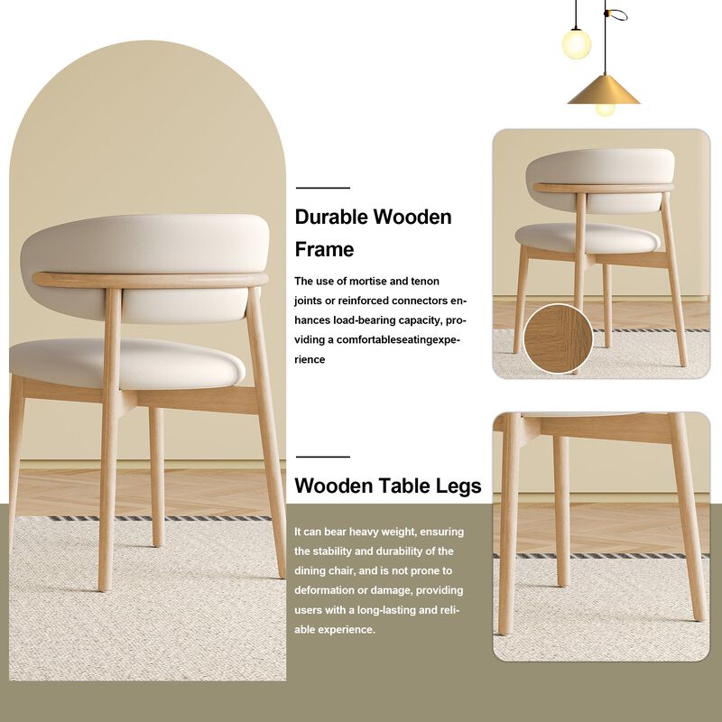 Mid Century Modern Dining Chair Set of 2 with Natural Wood Legs White PU Upholstered Chairs for Kitchen and Dining Room