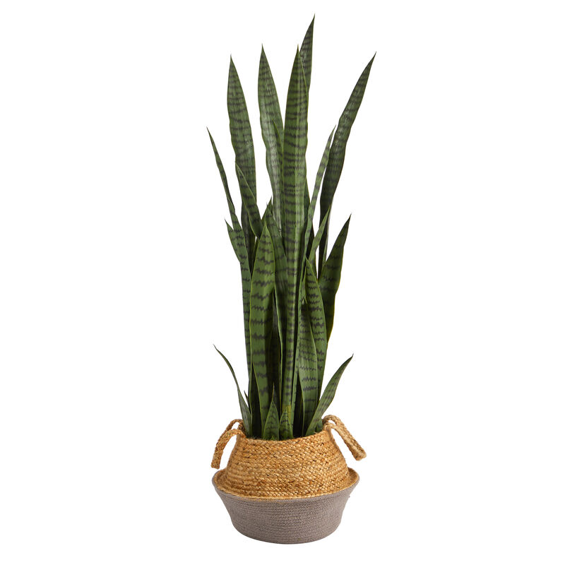 Hivvago 46" Sansevieria Artificial Plant in Boho Chic Handmade Cotton & Jute Gray Woven Planter