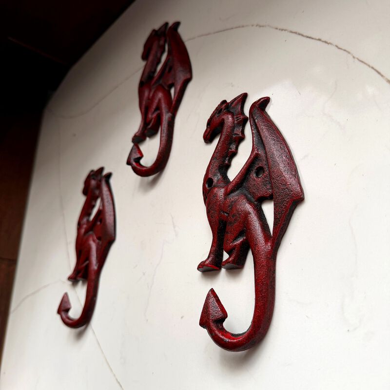Set Of 3 Dragon Wall Hooks Red Distressed Cast Iron 65 In Decorative image number 6