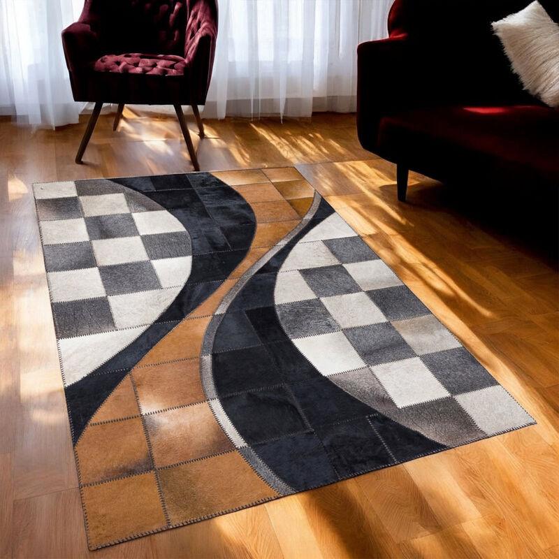 Beige and Gray Cowhide Geometric Patchwork Rug image number 1