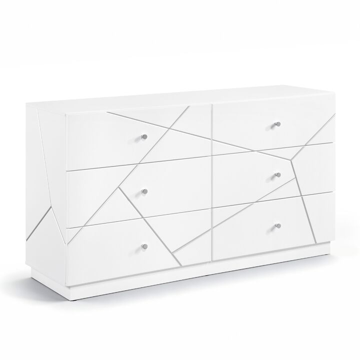 Oly Wide Dresser, 6 Drawers, Geometric Design, Chrome Knobs, Glossy White