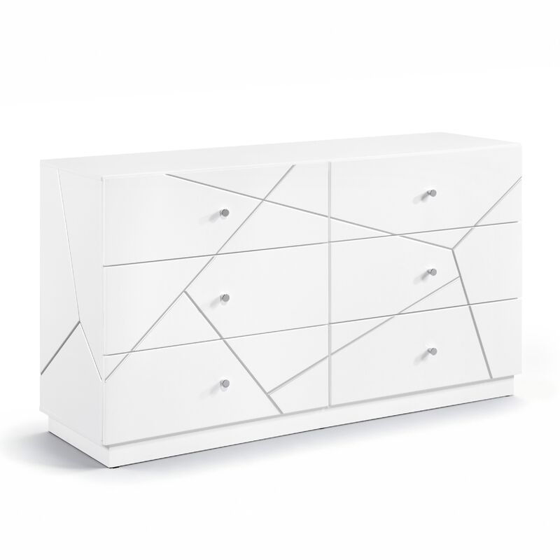 Oly Wide Dresser, 6 Drawers, Geometric Design, Chrome Knobs, Glossy White image number 0