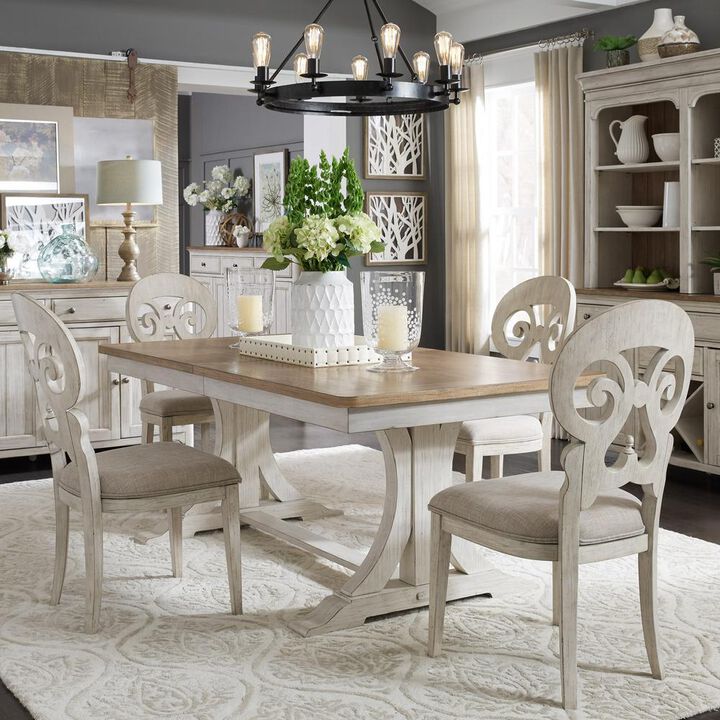 Liberty Furniture Farmhouse Reimagined 7 Piece Trestle Table Set in Antique White w/ Chestnut Top