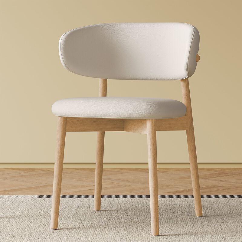 Mid Century Modern Dining Chair Set of 2 with Natural Wood Legs White PU Upholstered Chairs for Kitchen and Dining Room