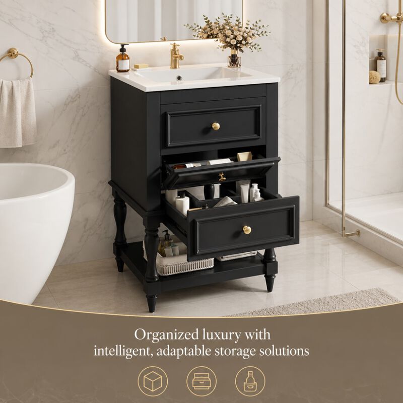 ELEMENT ACE 20 Inch Bathroom Vanity with Integrated Ceramic Sink, Freestanding Bathroom Cabinet with 2 Drawers and Open Shelf image number 4