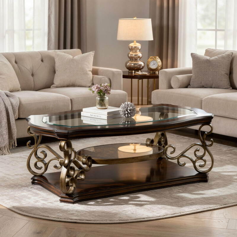Cocktail Table with Glass Top and Scroll Accent, Brown image number 6