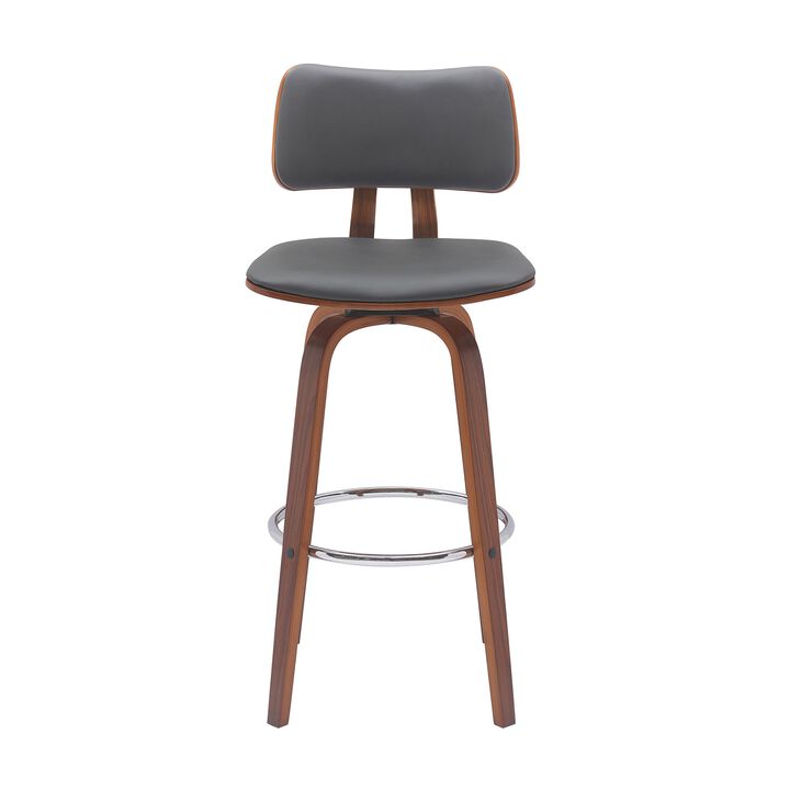 Pino 30 Inch Swivel Barstool Chair, Gray Faux Leather, Walnut Brown Wood - Benzara