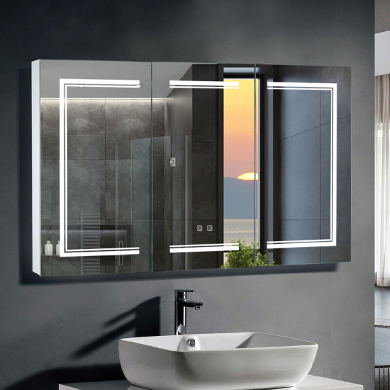 Modern Bathroom Wall Cabinet with Three-Color LED Light and Dual Power Plugs