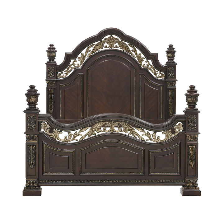 Lumi Queen Bed, Classical Metal Scrollwork, Dark Cherry Brown and Gold - Benzara