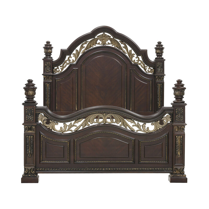 Lumi Queen Bed, Classical Metal Scrollwork, Dark Cherry Brown and Gold - Benzara