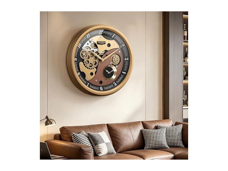 Industrial Moving Gears Dual Dials Wall Clock 20 Inch Gold Living Room Decor image number 2