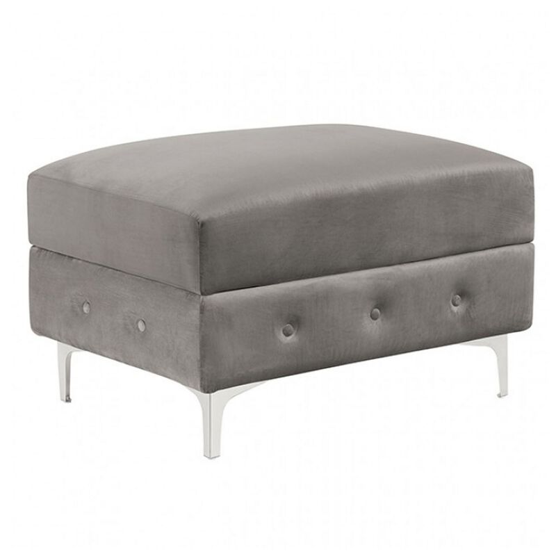 Anzo 32 Inch Square Ottoman, Button Tufting, Chrome Plated Steel Legs, Gray-Benzara image number 1