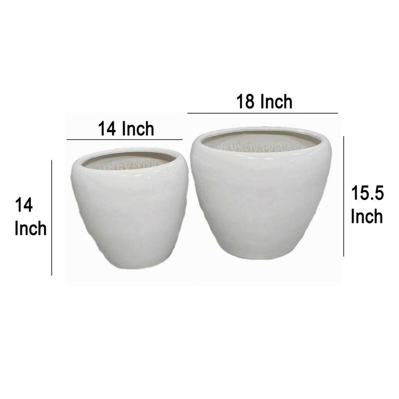 Garden Planter Set of 2, Modern Bowl Shaped Flower Pot, White Ceramic - Benzara