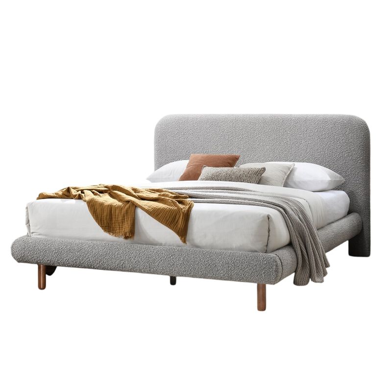 Damazy King Size Bed, Curved Edges, Gray Boucle Upholstery, Brown Wood - Benzara