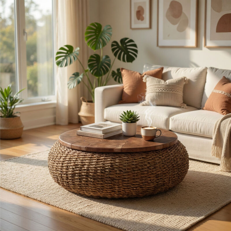Jyra 47 Inch Round Coffee Table, Teak Wood Mosaic Top, Woven Banana Leaf Base, Natural Brown image number 6