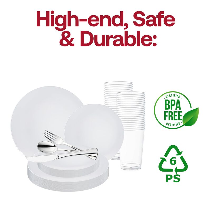 White with Silver Rim Organic Round Plastic Wedding Value Set (30 Sets) image number 4