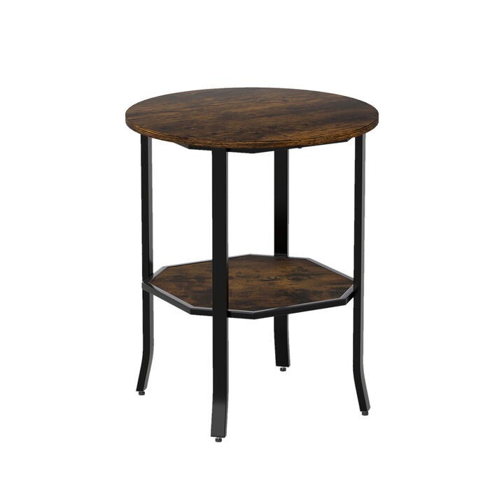 Small Round End Table with 2 Tier Storage Shelf for Bedroom and Living Room
