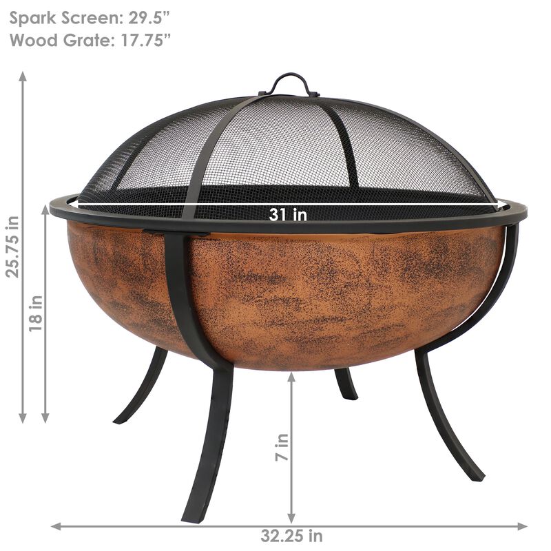 Sunnydaze 32 in Steel Fire Pit with Screen, Grate, and Poker - Copper