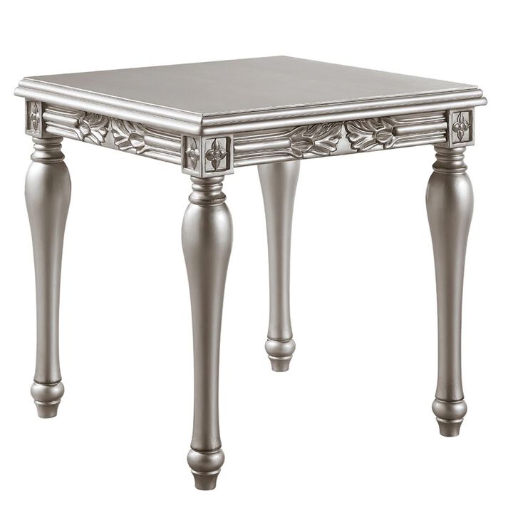 Sto 28 Inch Classic End Table, Square, Floral Trim, Wood, Silver-Benzara