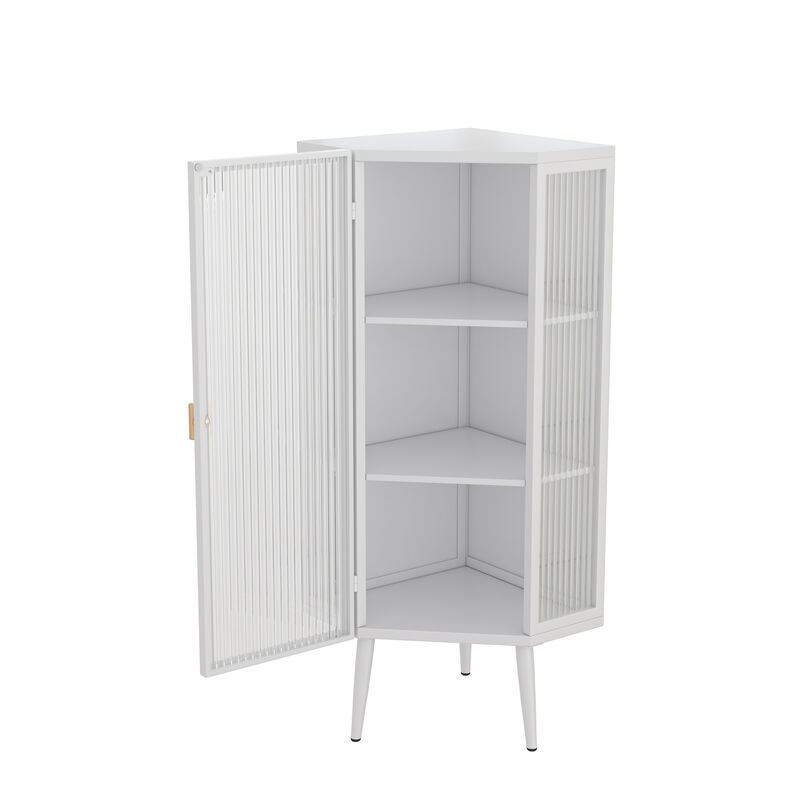 Floor Coner Cabinet with Tempered Glass Doors and Storage Shelves for Bathroom, Living Room and Bedroom