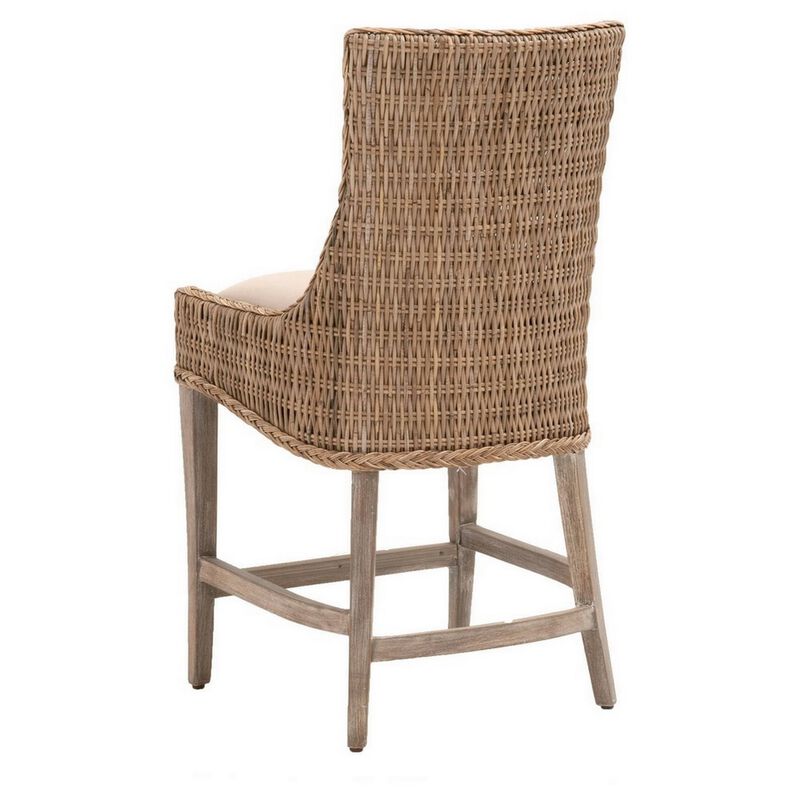 Wicker and Fabric Counter Stool with Wood Frame, Set of 2, Brown and Gray-Benzara