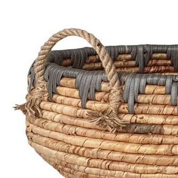 Decorative Storage Basket Set of 2, Handwoven Water Hyacinth Fiber, Brown - Benzara