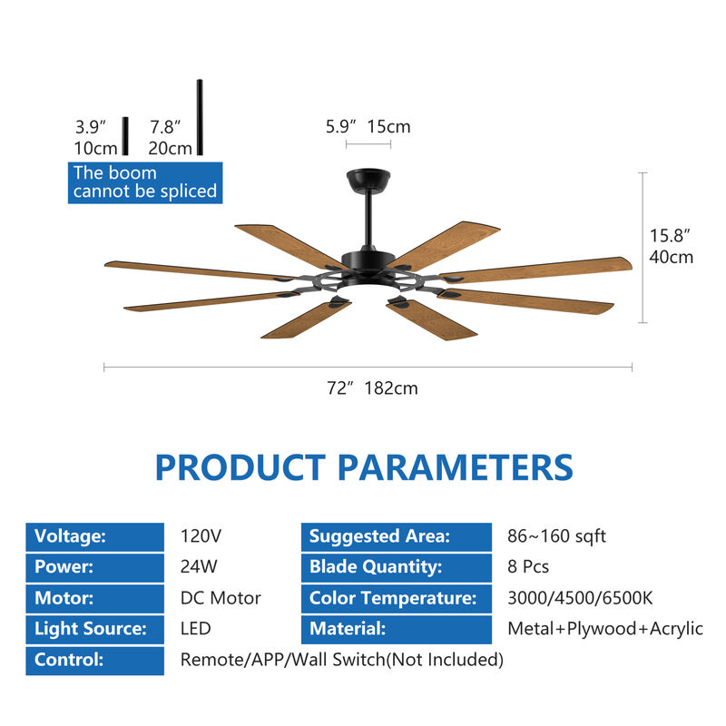 ELEMENT ACE 72-Inch 8-Blade Large Reversible Quiet DC Motor Ceiling Fan for Indoor Outdoor Use, Ideal for Kitchen Living Room Patio and Terrace Spaces image number 2