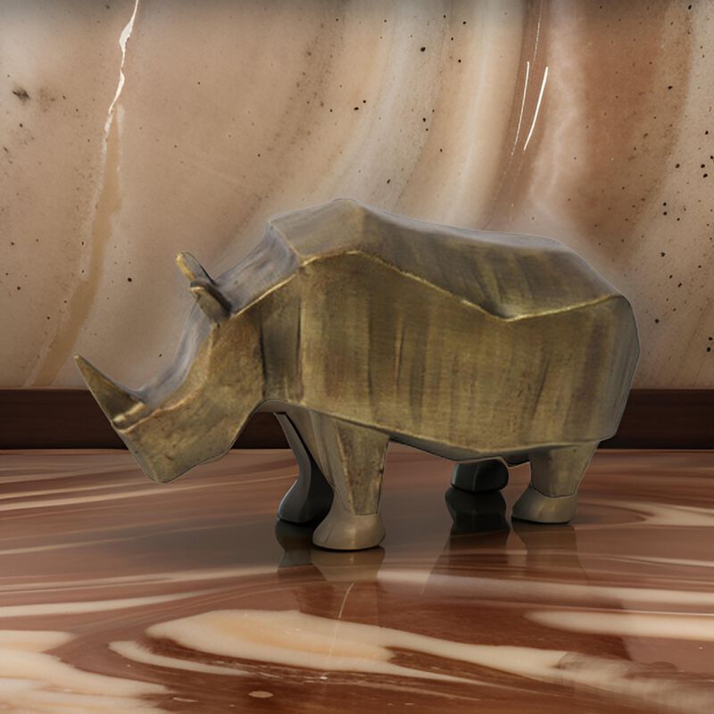 Geny Modern Rhino Sculpture, Tabletop Home Decor, Antique Gold Finish - Benzara