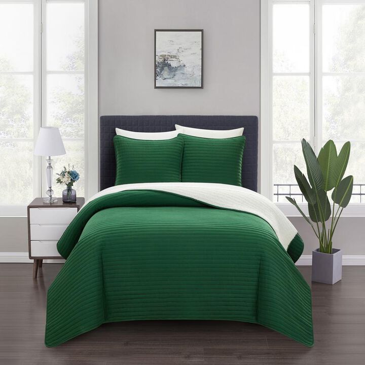 Chic Home St Paul Quilt Set Contemporary Striped Design Sherpa Lined Bed In A Bag Bedding - Sheets Pillowcases Pillow Shams Included - 7 Piece - King 104x90", Green