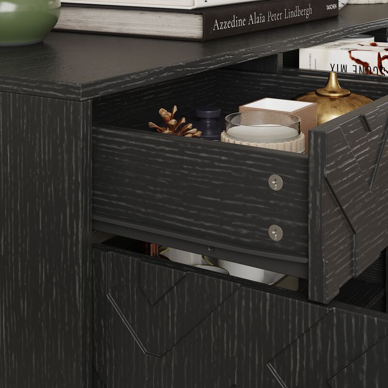 FUFU&GAGA Black Storage Cabinet with Three Drawers & Three Doors, Textured Embossed Surface, Gold Pulls, Adjustable Interior Shelves, 47.2 in. W x 15 in. D x 32.3 in. H (120 x 38 x 82 cm)