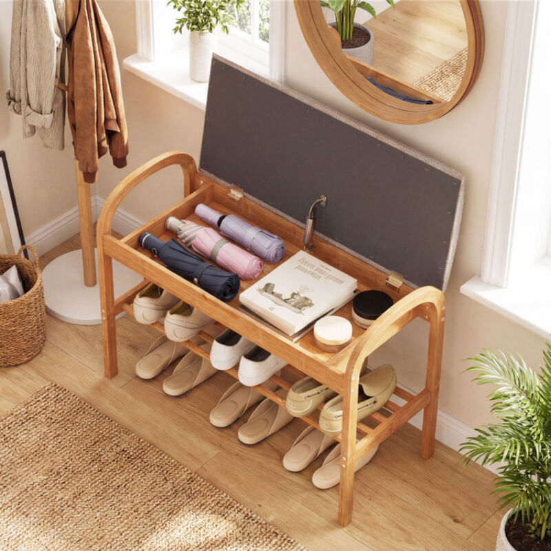 Entryway Wicker Shoe Bench with 2-Tier Storage and Soft Cushion-Natural image number 3
