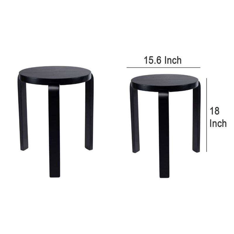 Mata Stacking Stool Ottoman, Set of 2, Modern Style, Black Rubberwood - Benzara