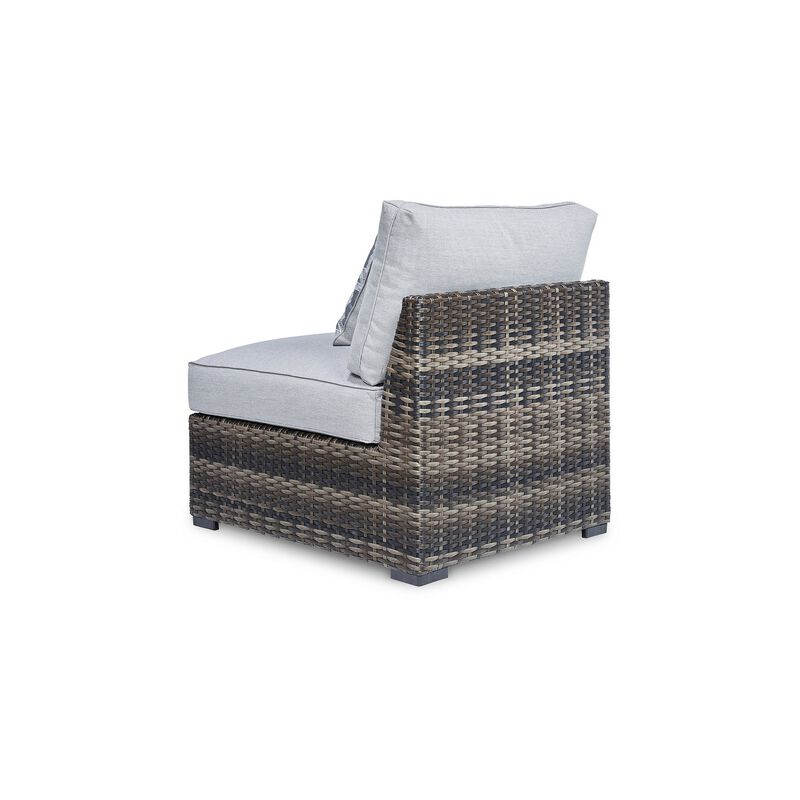 Saki 35 Inch Outdoor Armless Chair Set of 2 with 2 Pillows, Wicker, Gray - Benzara
