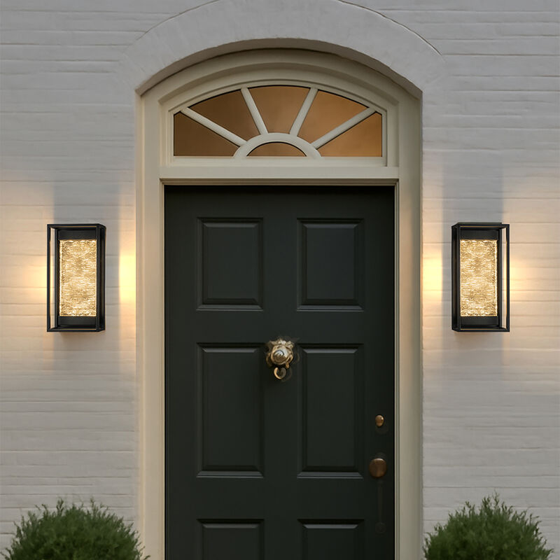 H15" Modern Outdoor Integrated LED Wall Light with Dusk to Dawn Sensor Matte Black Exterior Light Fixture with Handcrafted Textured Glass Wall Lantern for Porch Garage Entryway image number 2