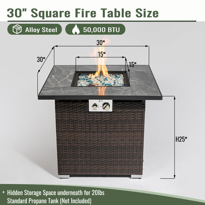 30" Propane Gas Fire Pit Table, 50000 BTU Square Fire Pit, Tile Tabletop with Wicker Base