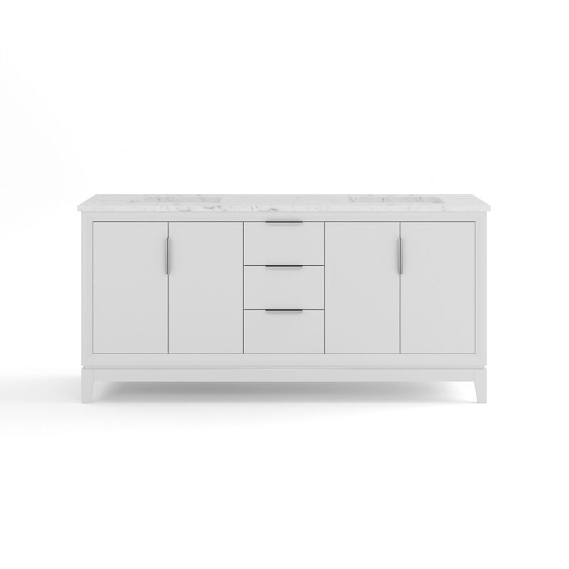 Elizabeth 72 In. Double Sink Carrara White Marble Countertop Bath Vanity In Pure White with Brushed Silver Hardware