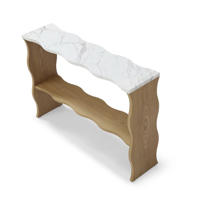 Whisper of Waves Modern Console Table with Marble Pattern Top & Solid Wood Veneer Shelf image number 6